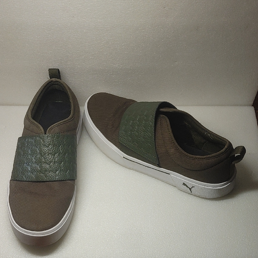 Puma Olive Green Strap Brown Slip-On Sneakers Men Size 11